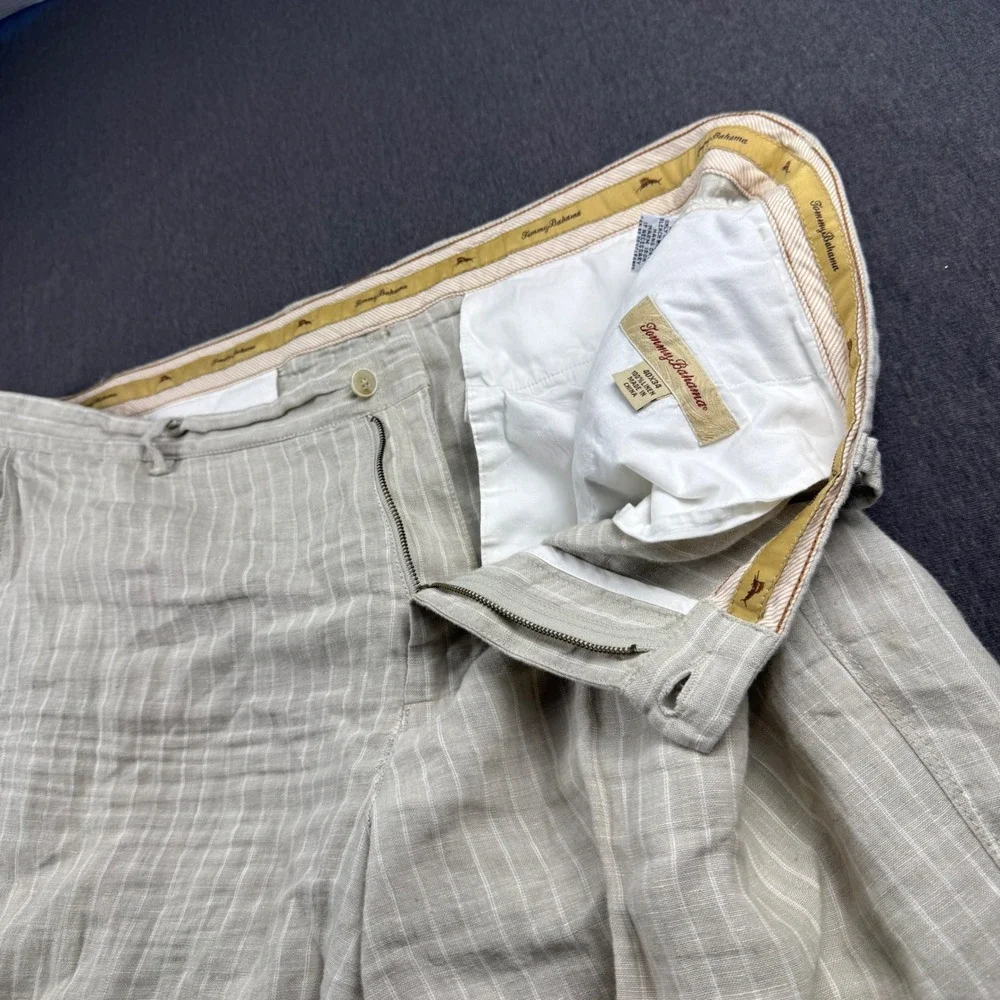 Tommy Bahama Mens 40x34 Tan Beige Pinstripe 100% Linen Relaxed Pants Vacation